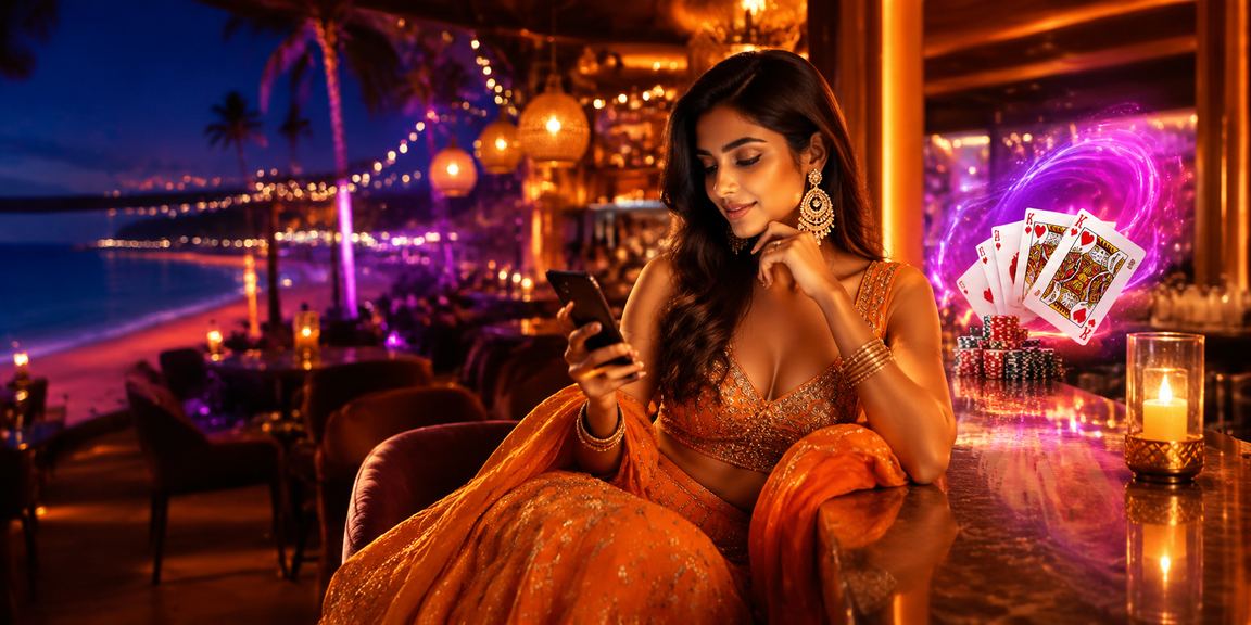 Gambling chips and colorful cards in a Bollywood-themed casino setting