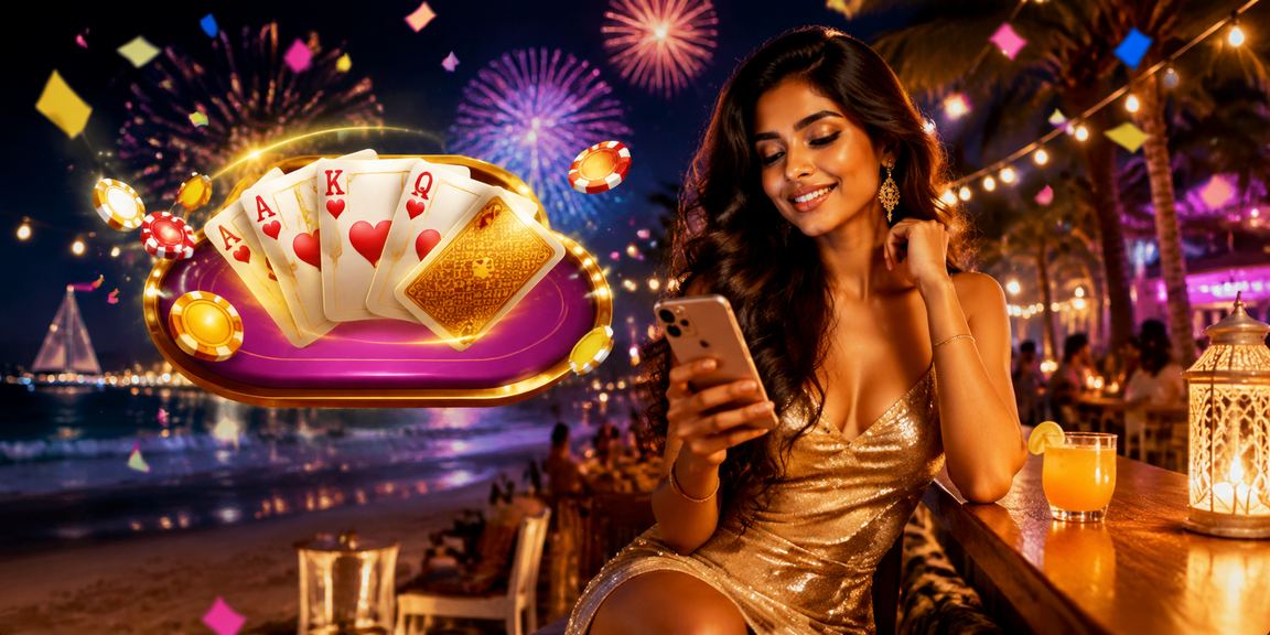 Indian woman playing Teen Patti and Rummy on smartphone at beach