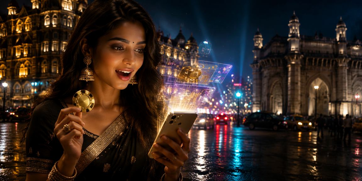 Mobile betting app in Mumbai with vibrant neon cityscape